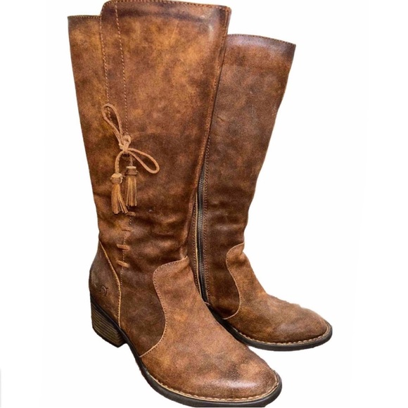 Born Shoes - BORN BOOTS BECKETT RUST TOBACCO DISTRESSED TALL STACKED HEEL LEATHER